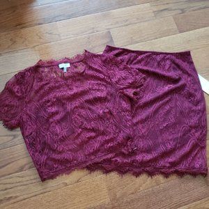 TOBI Burgundy lace top and skirt set